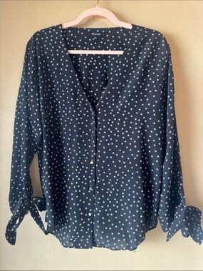 Madewell Black Silk Star-Print Button-Front Blouse with Tie Sleeves